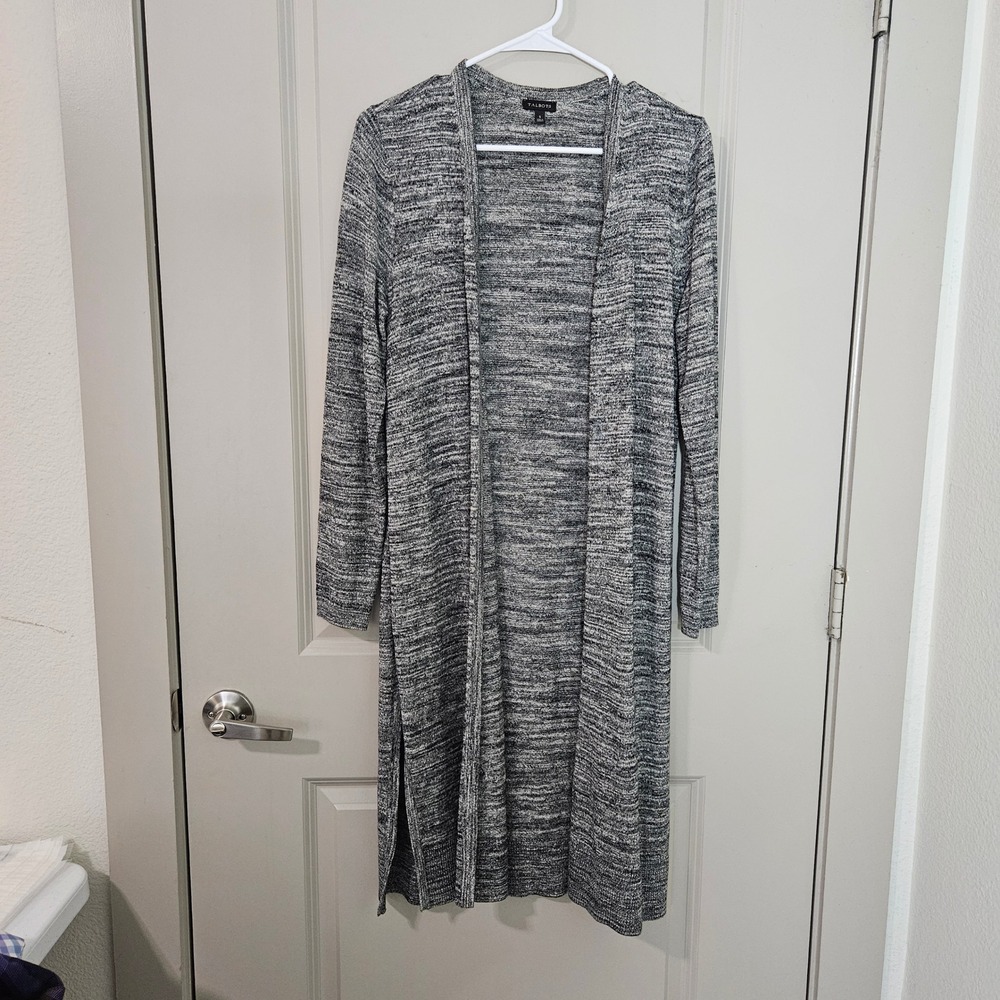Talbots‎ Womens Space Dye Open Front Duster Cardigan Sweater Grey White Small